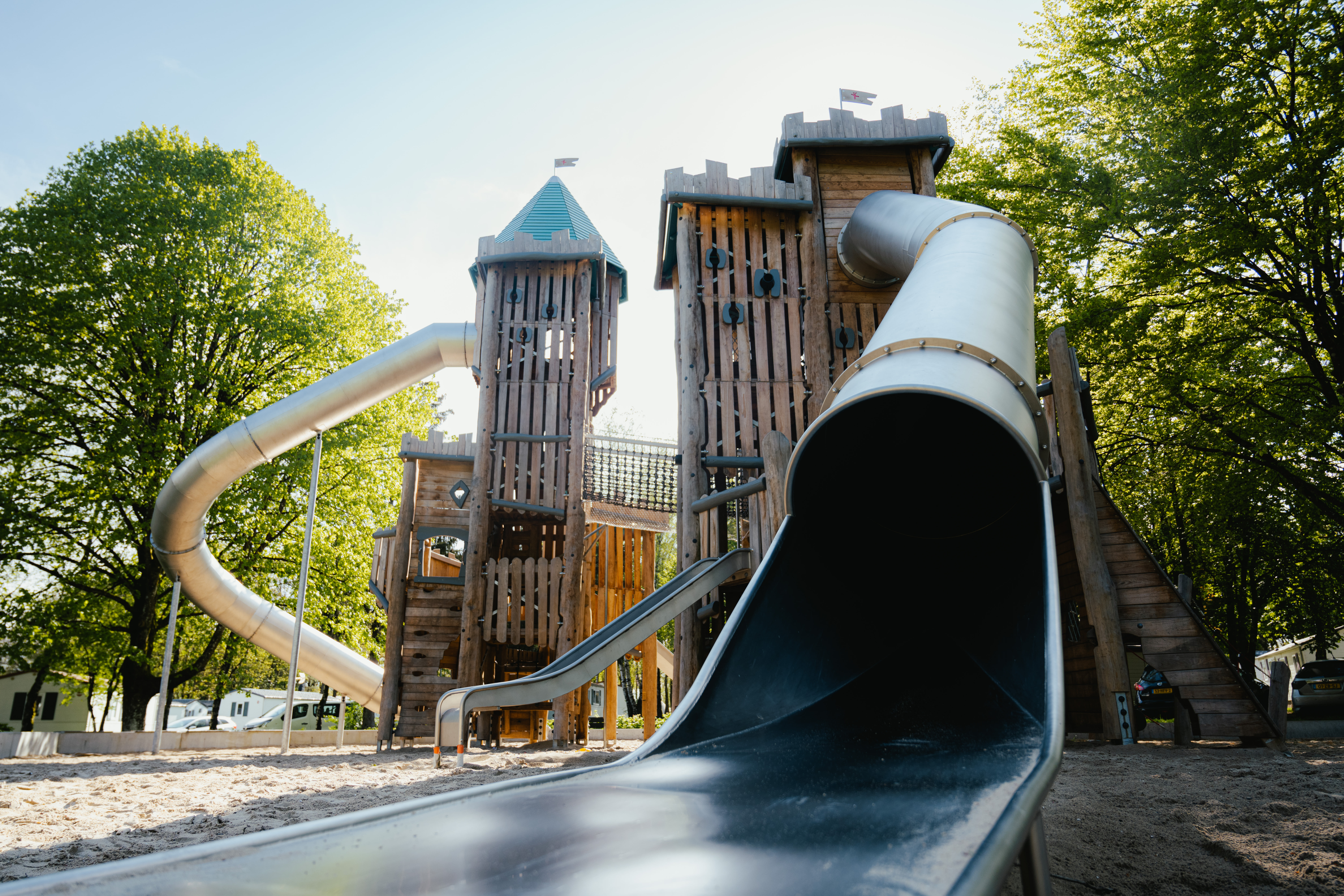 Castle playground at Camping Fuussekaul for kids family campsite Heiderscheid Luxemboug.jpg